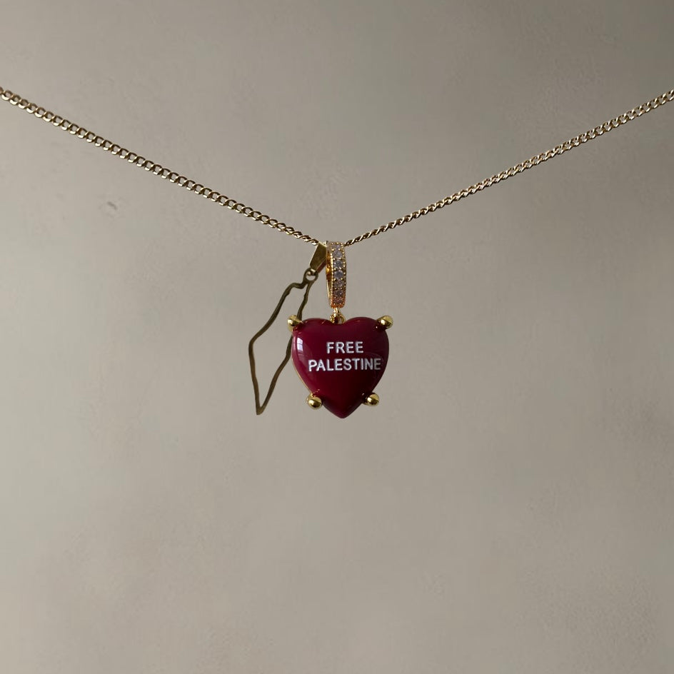 ‘FREE PALESTINE’ HEARTSHAPED NECKLACE WITH MAP • CHERRY