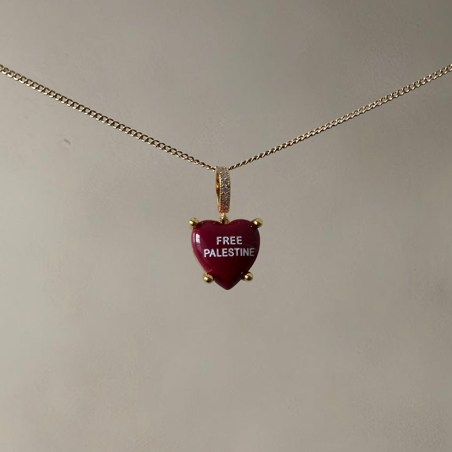 ‘FREE PALESTINE’ HEARTSHAPED NECKLACE • CHERRY