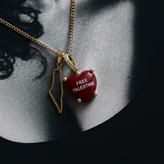 ‘FREE PALESTINE’ HEARTSHAPED PENDANT WITH MAP NECKLACE | CHERRY RED