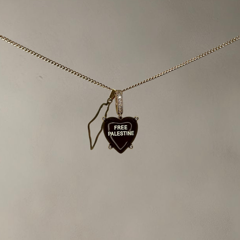 'FREE PALESTINE' HEARTSHAPED NECKLACE WITH MAP • MOCHA