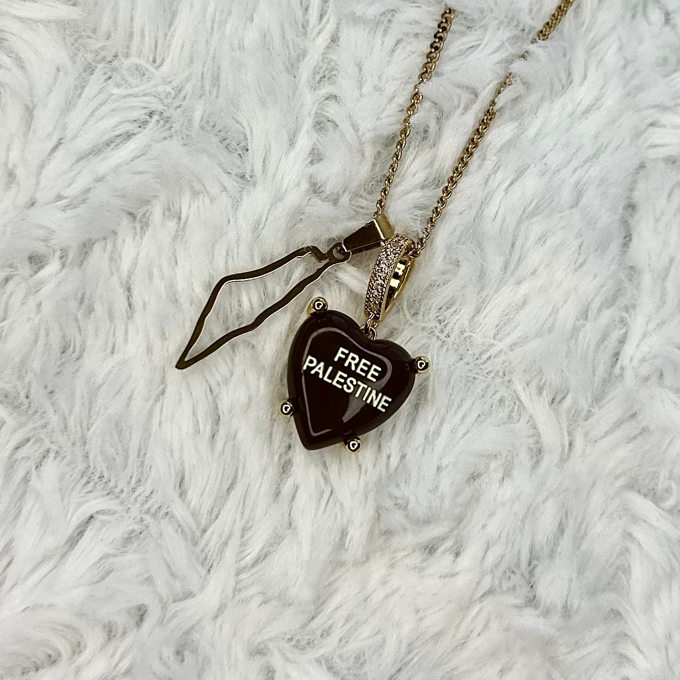 'FREE PALESTINE' HEARTSHAPED PENDANT WITH MAP NECKLACE | EARTHY BROWN