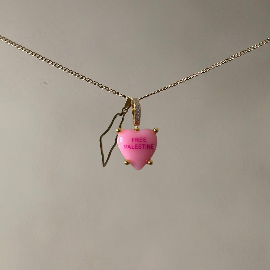 'FREE PALESTINE' HEARTSHAPED NECKLACE WITH MAP • BLUSH