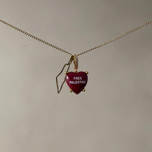 ‘FREE PALESTINE’ HEARTSHAPED NECKLACE WITH MAP • CHERRY